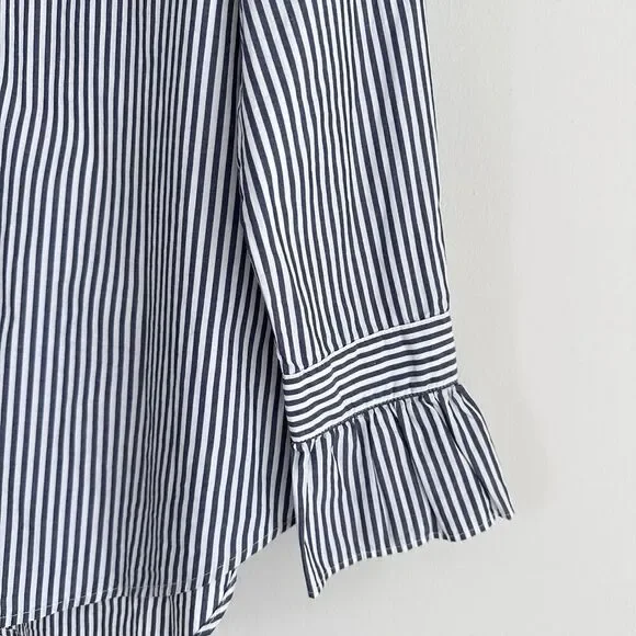Alex Mill Top Womens XS Blue White Striped Easy Ruffle Frill Neck Cotton Career - Picture 7 of 11